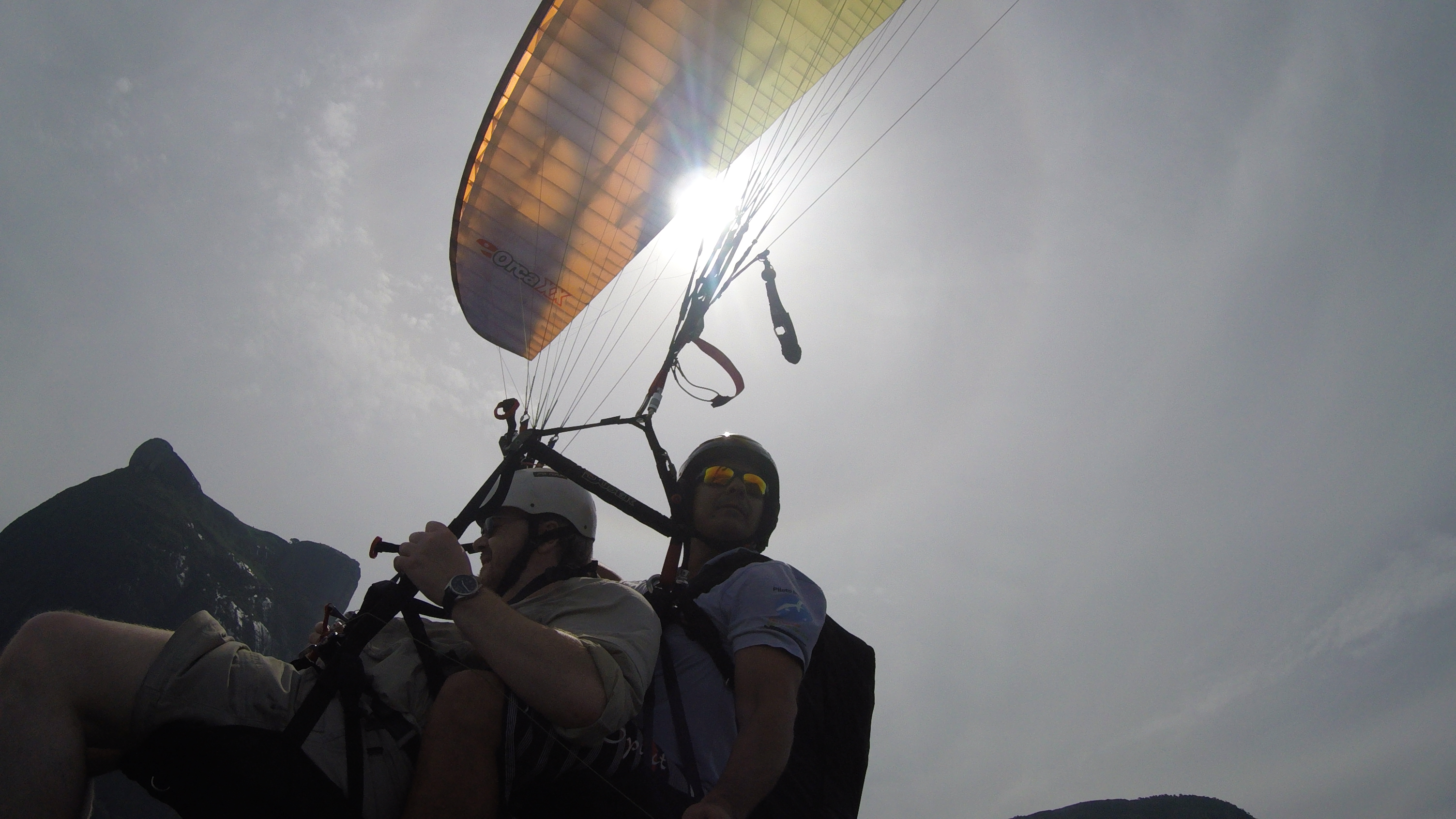 Hanging below the paraglider canopy