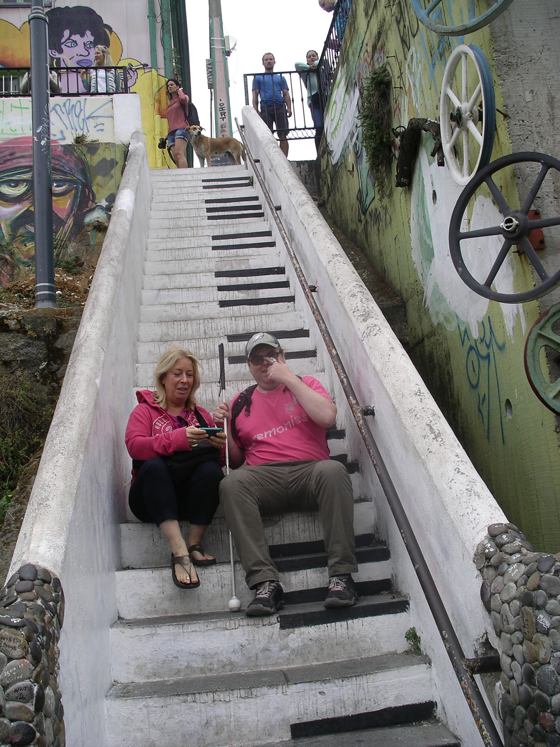 Step on a straight staircase up the hill painted to resemble a giant piano keyboard