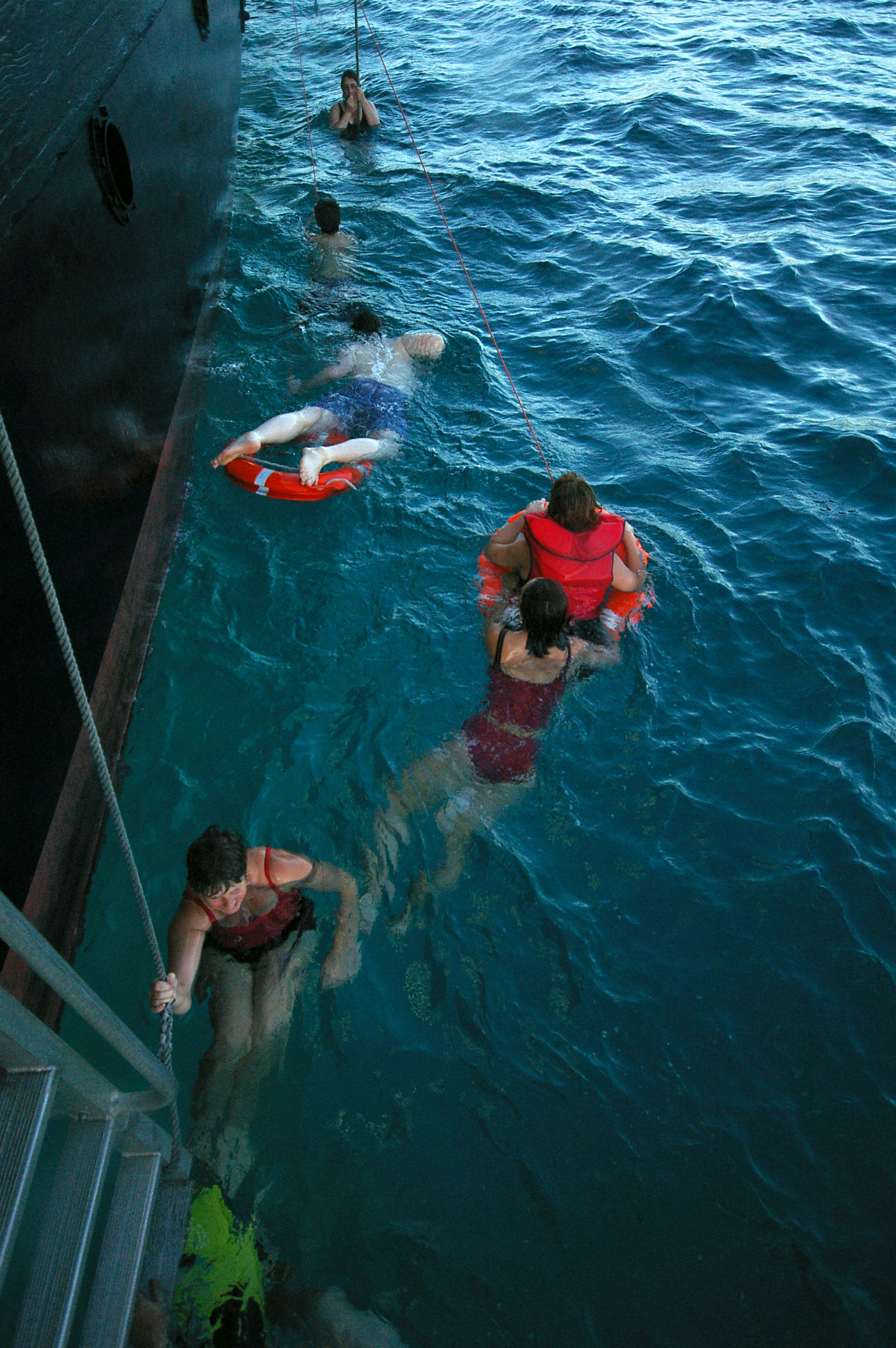 A group of swimmers heading  back to the hoist ladder to return to the main deck