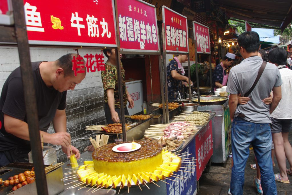 Fast food, eg kebabs, on one of the stalls in the Muslim Quarter of Xi'an