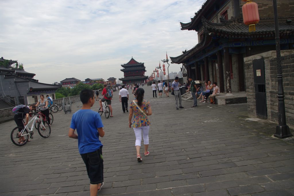 Looking along the top of the Xi'an city wall at one of the guard towers